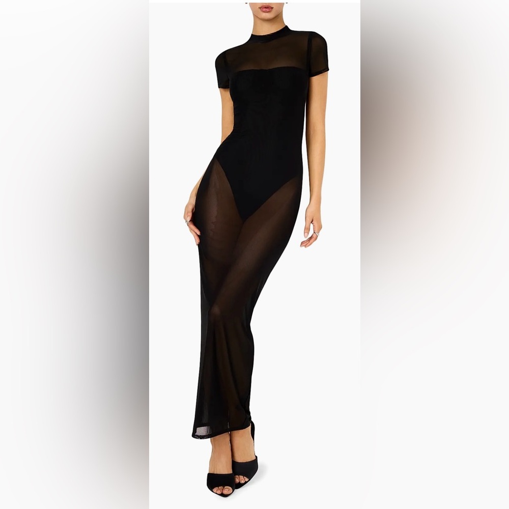 New Good American Mesh Tee Maxi Dress XS Black